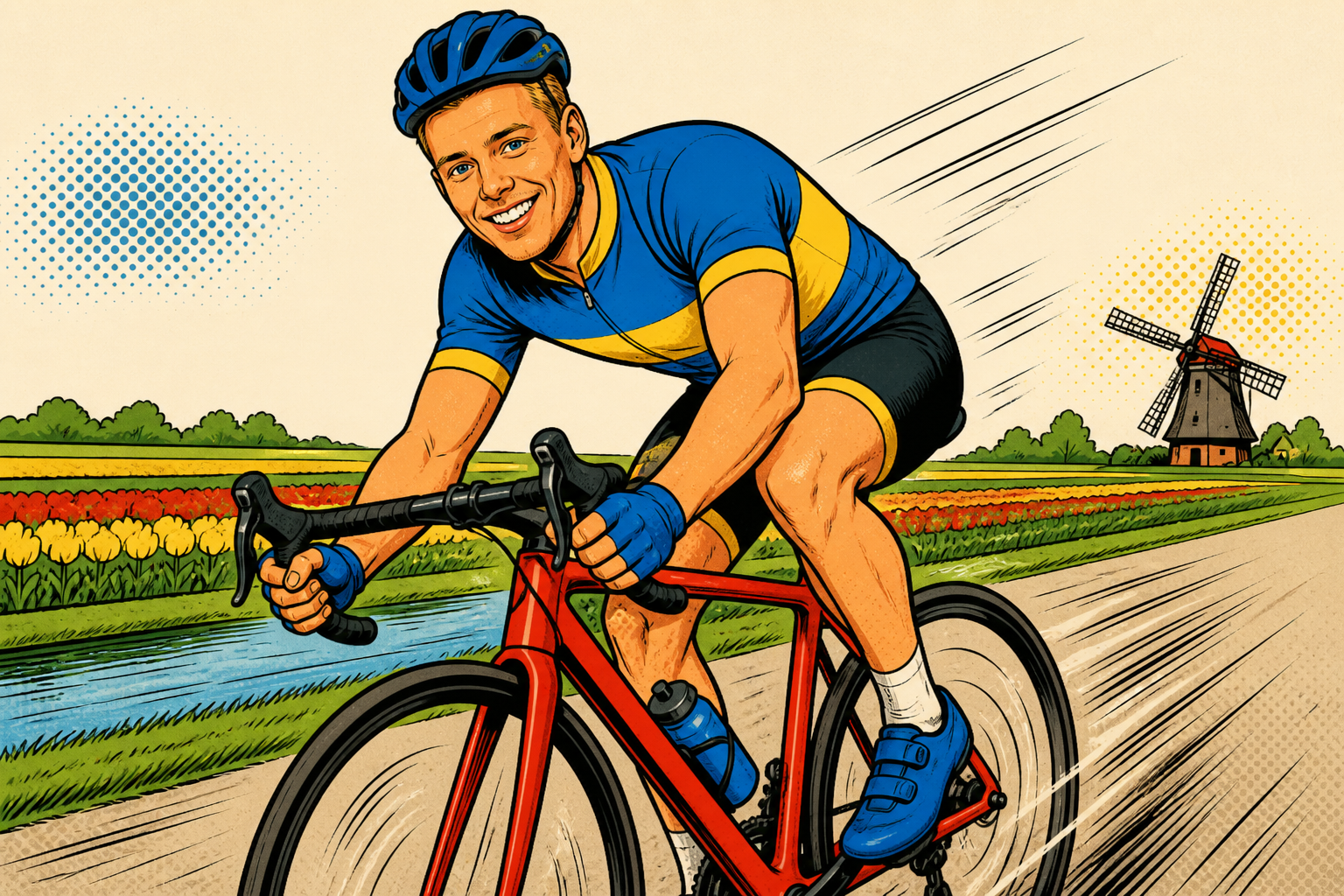 Cartoon Tycho racing a red road bike past tulip fields and a windmill