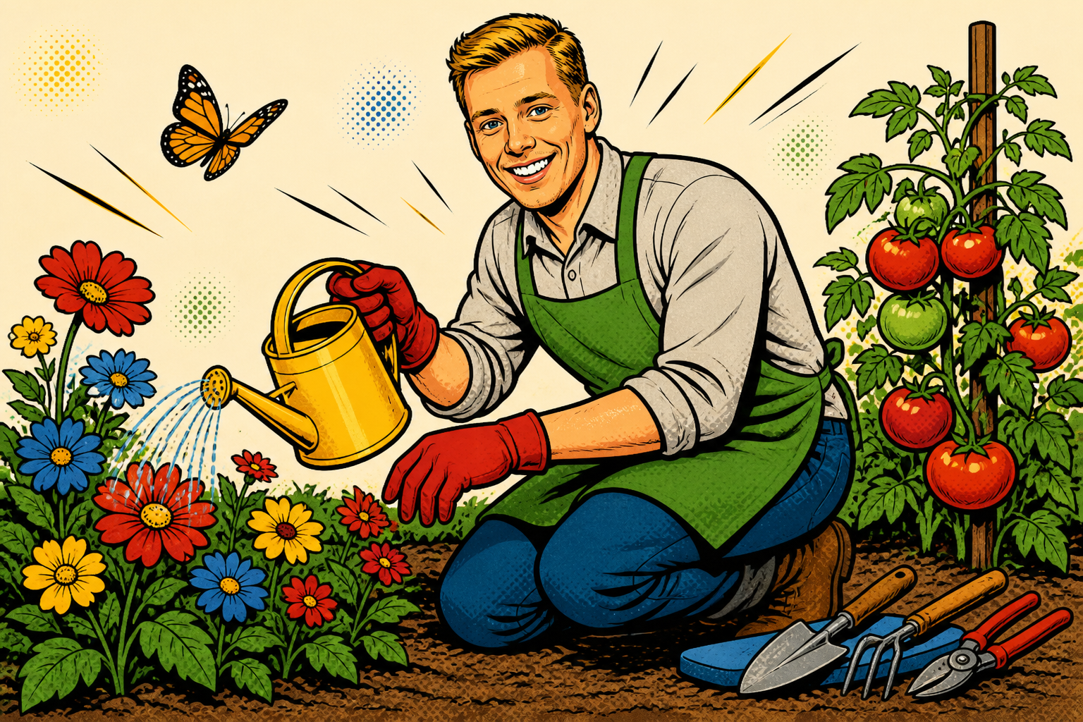 Cartoon Tycho kneeling in a garden, watering flowers next to a tomato plant