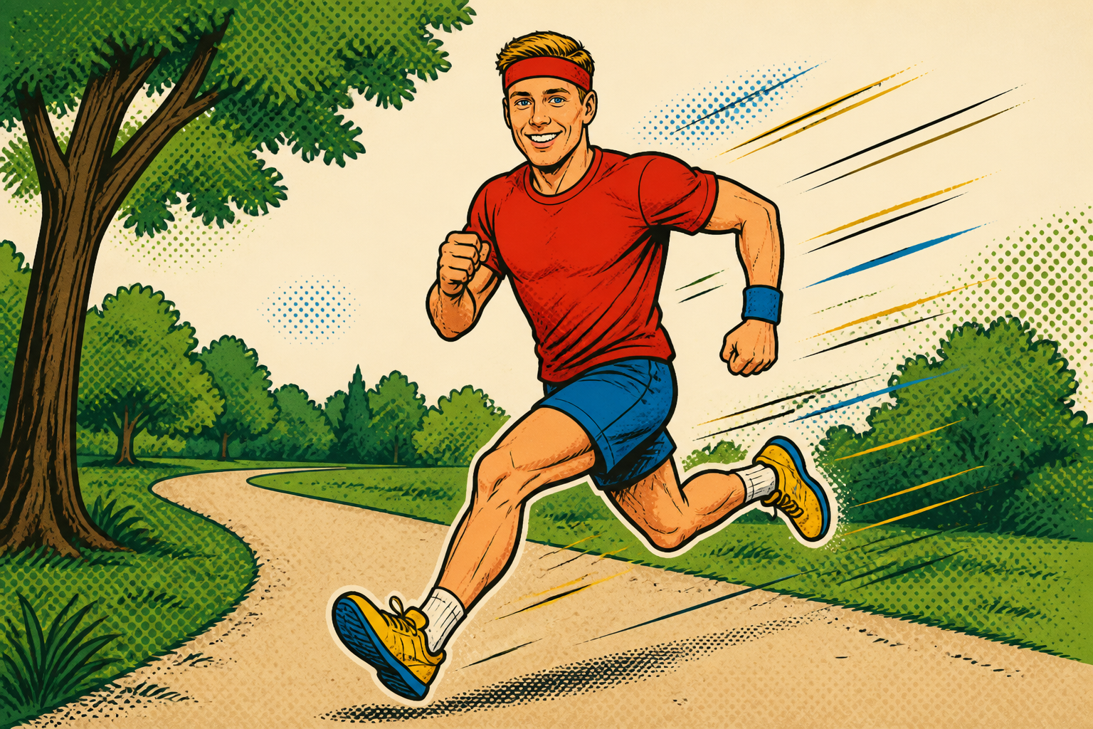 Cartoon Tycho running at full speed along a park path