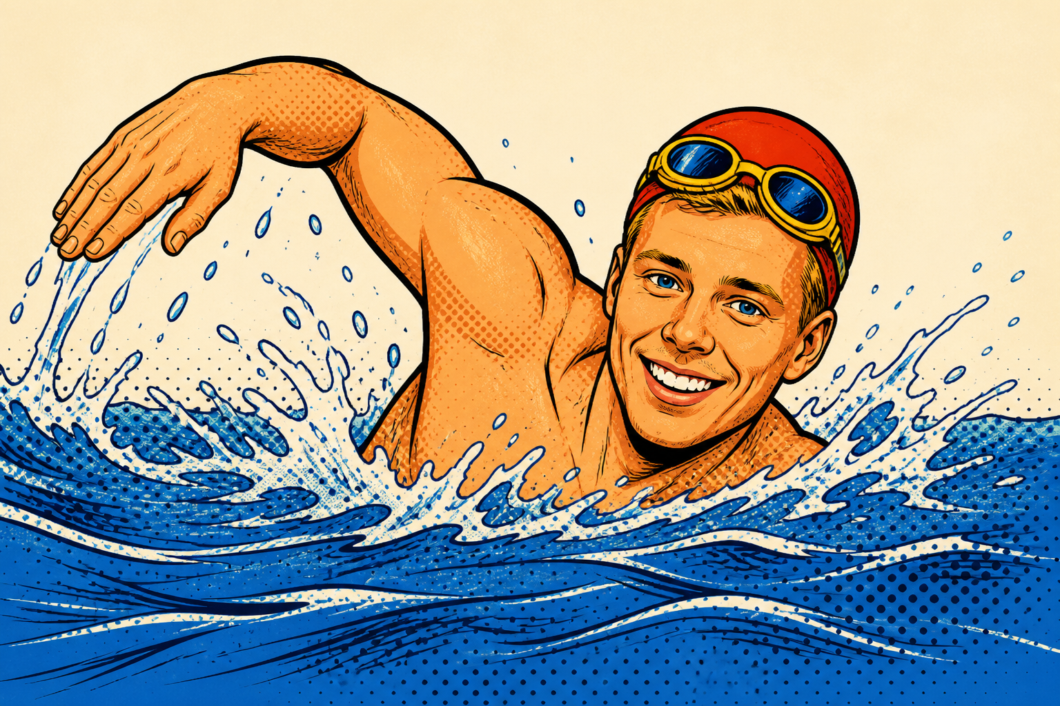 Cartoon Tycho swimming front crawl through splashing comic waves
